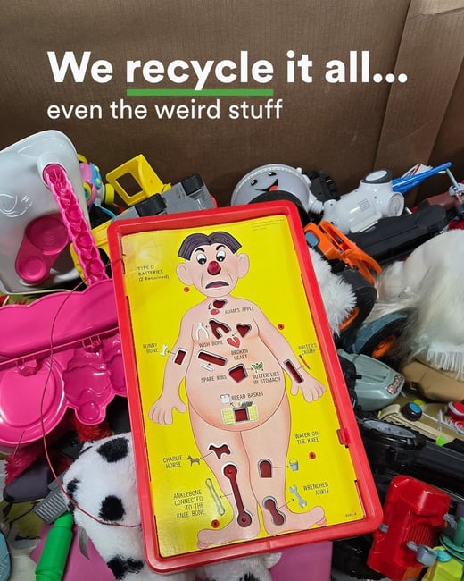 Text that says we recycle it all, even the weird stuff. Showing the board game called Operation