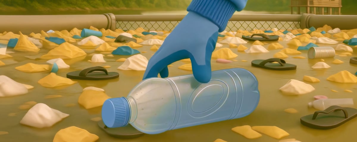 A hand picking up empty plastic bottle from the waste to be recycled. 