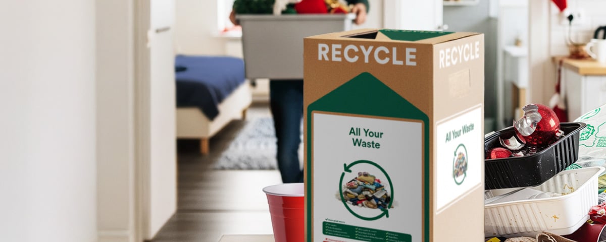 All-In-One Zero Waste Box displayed with waste in the background