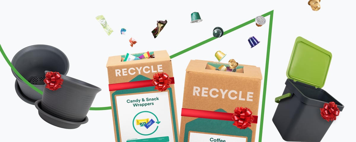Recycling gift boxes for candy wrappers, coffee capsules, and more.